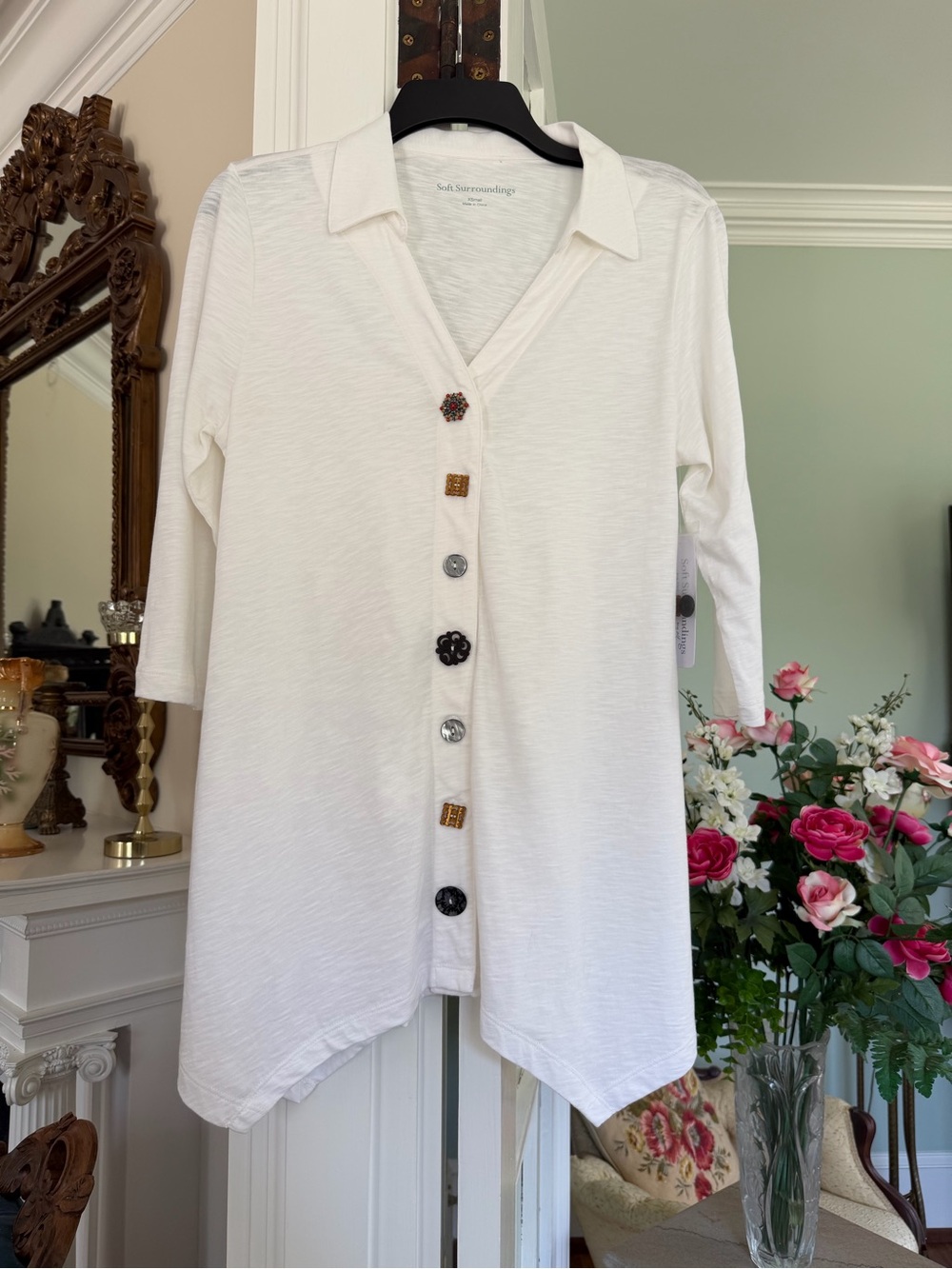 Soft Surroundings White Button-Front Collared Tunic with Mixed Buttons